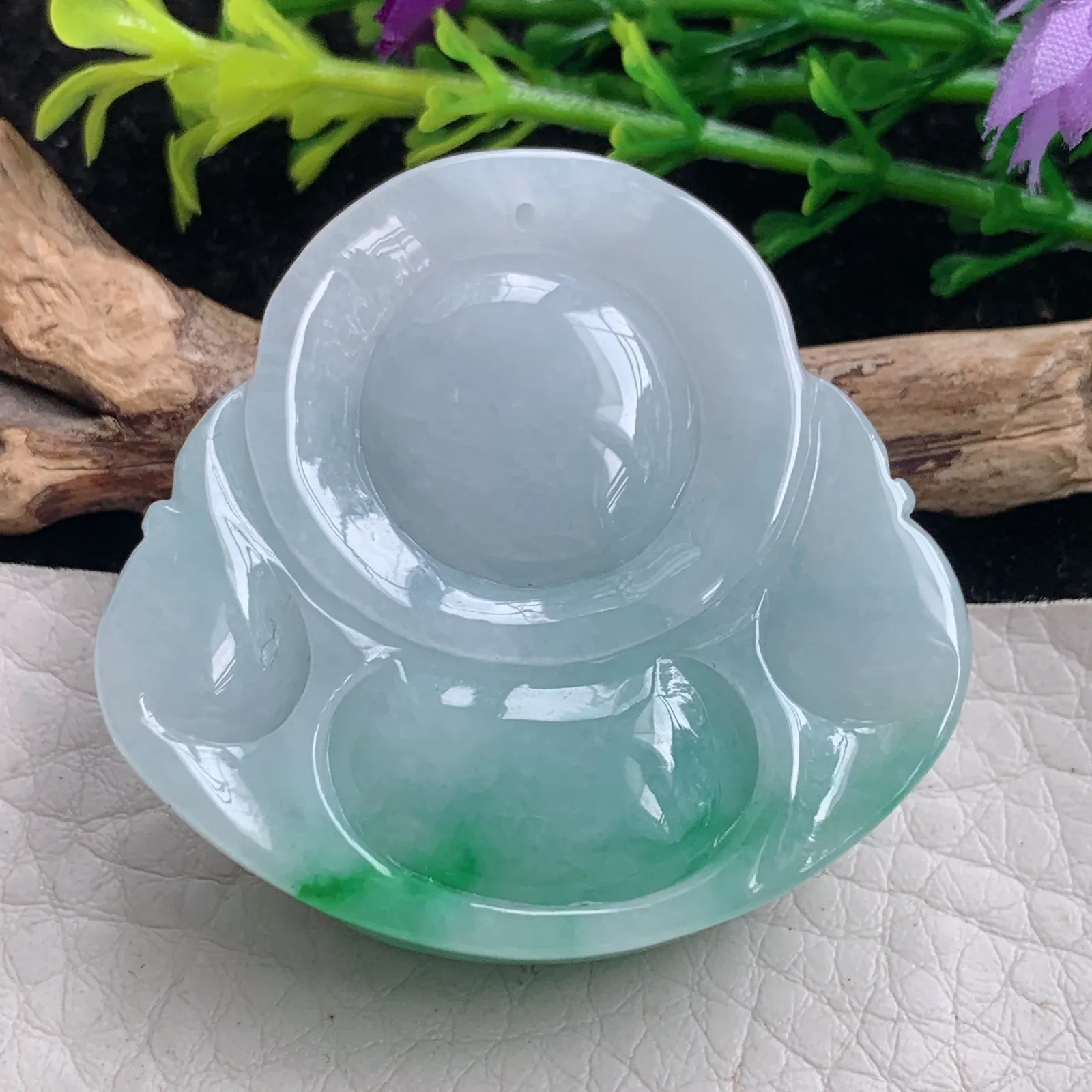 Zen实拍40.5*43*12.5缅甸翡翠飘绿花开心佛 翡翠玉佛玉吊坠 玉挂件