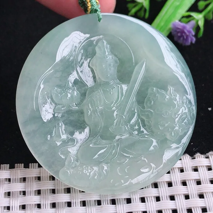 自然光老坑冰胶果冻冰晴绿文殊菩萨吊坠翡翠玉坠尺寸51.8/5.5