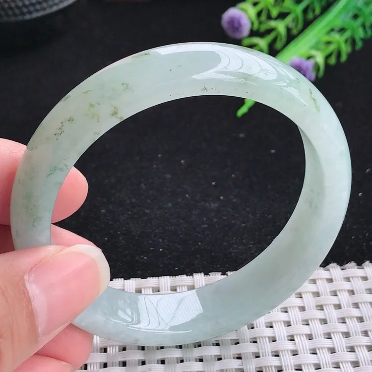 自然光55圈口老坑冰润起胶飘花手镯翡翠玉镯尺寸55/13/7.3
