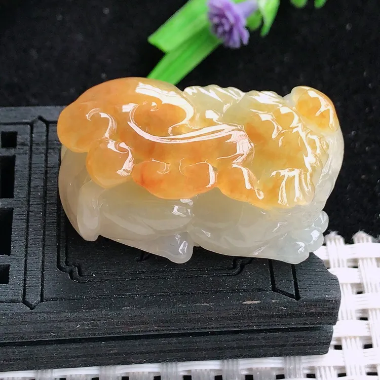 自然光老坑精美冰胶黄翡貔貅吊坠翡翠玉坠尺寸36.5/20/15