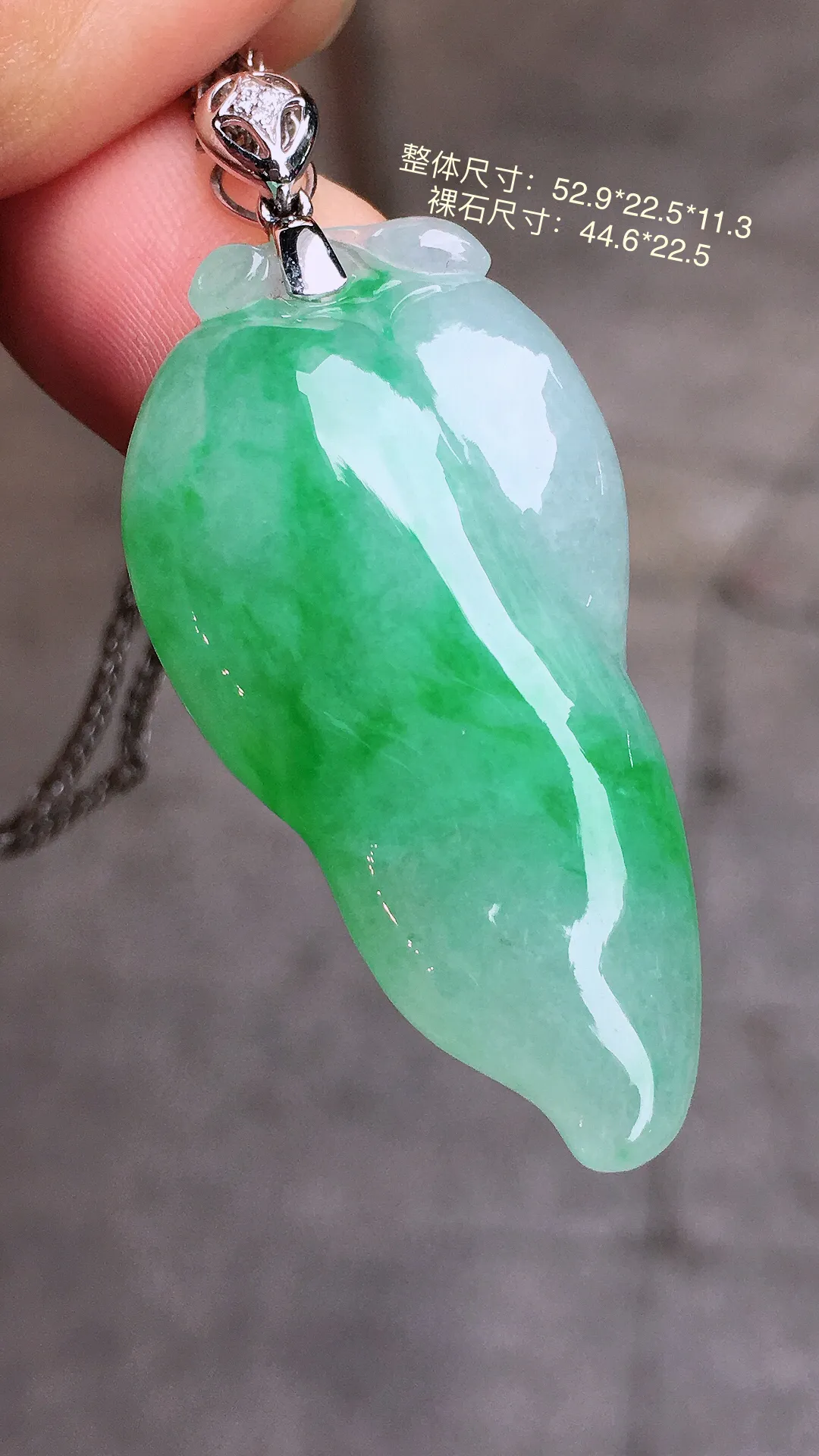 飘绿福瓜吊坠，色泽艳丽，玉质细腻，荧光感超
强，饱满水润，气质满满。18k
金豪华镶嵌