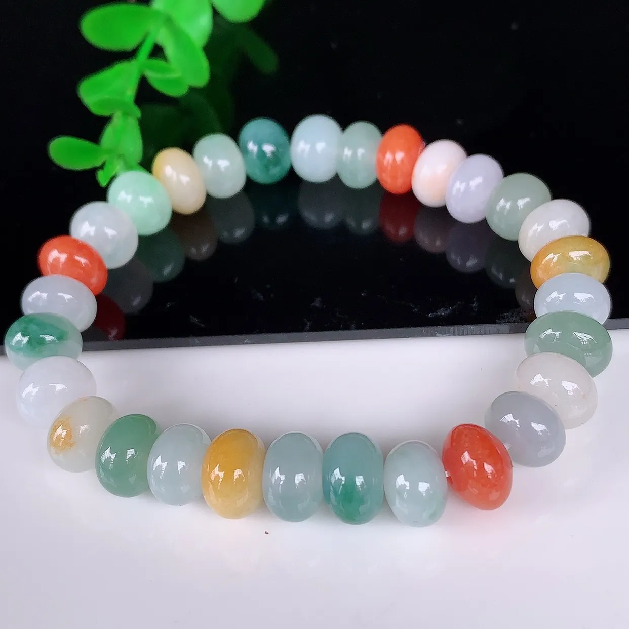 自然光实拍，冰润冰糯种多彩翡翠算盘珠手串手链，种老水足，冰清玉润  颜色漂亮  #46.26取一尺寸9*7mm