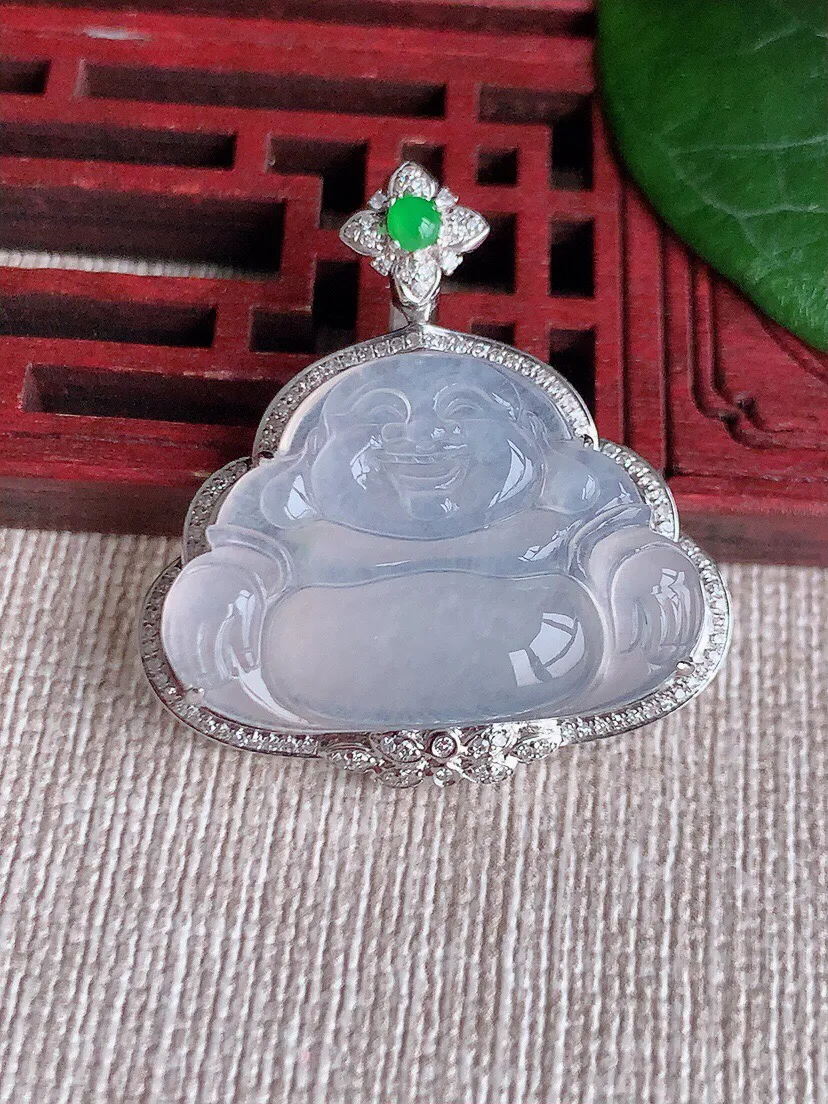 a货翡翠老坑冰种18K金伴钻镶嵌白月光佛公吊坠 尺寸32.2×30.3×7.8裸石18.4×27mm 重量5.77g