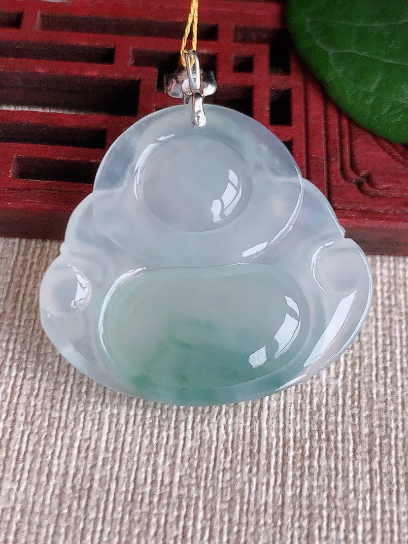 a货翡翠老坑冰种18K金扣头飘花佛公吊坠 尺寸37×31×33.5×5.7mm 重量9.73g 0528