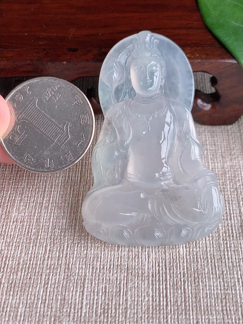 a货翡翠老坑冰种白月光大势至菩萨吊坠 尺寸55.2×35.7×5.2mm 重量18.56g 0528