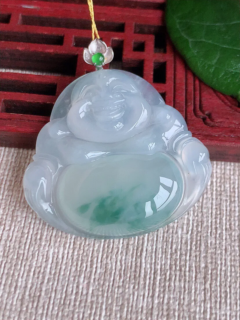 a货翡翠老坑冰种18K金扣头飘花佛公吊坠 尺寸37×31×33.5×5.7mm 重量9.73g 05