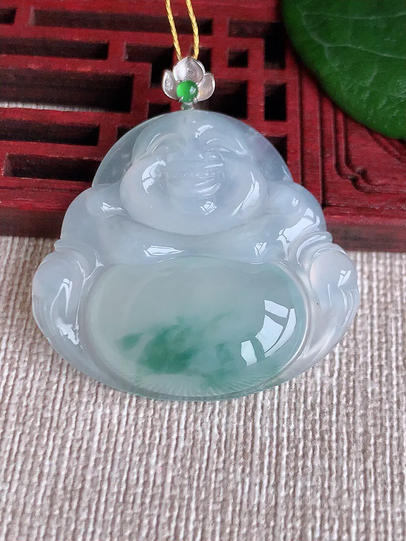 a货翡翠老坑冰种18K金扣头飘花佛公吊坠 尺寸37×31×33.5×5.7mm 重量9.73g 05