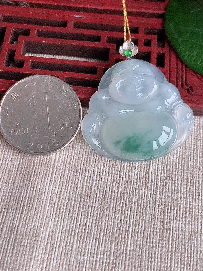 a货翡翠老坑冰种18K金扣头飘花佛公吊坠 尺寸37×31×33.5×5.7mm 重量9.73g 0528