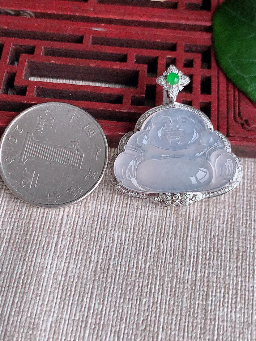 a货翡翠老坑冰种18K金伴钻镶嵌白月光佛公吊坠 尺寸32.2×30.3×7.8裸石18.4×27mm 重量5.77g