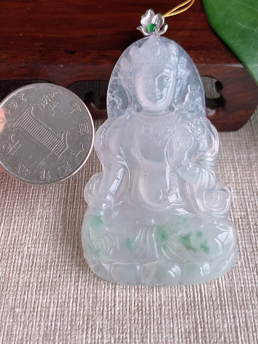 a货翡翠老坑冰种18K金扣头飘绿度母观音吊坠 尺寸68×60.8×36×4.8mm 重量18.75g 0528