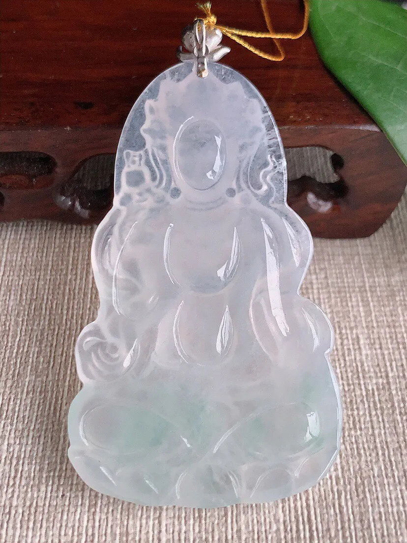 a货翡翠老坑冰种18K金扣头飘绿度母观音吊坠 尺寸68×60.8×36×4.8mm 重量18.75g 0528