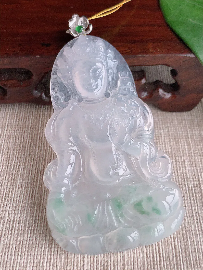 a货翡翠老坑冰种18K金扣头飘绿度母观音吊坠 尺寸68×60.8×36×4.8mm 重量18.75g 0528