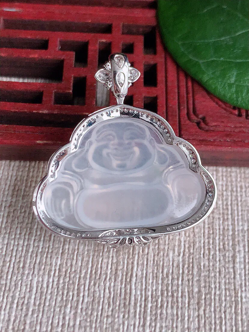 a货翡翠老坑冰种18K金伴钻镶嵌白月光佛公吊坠 尺寸32.2×30.3×7.8裸石18.4×27mm 重量5.77g