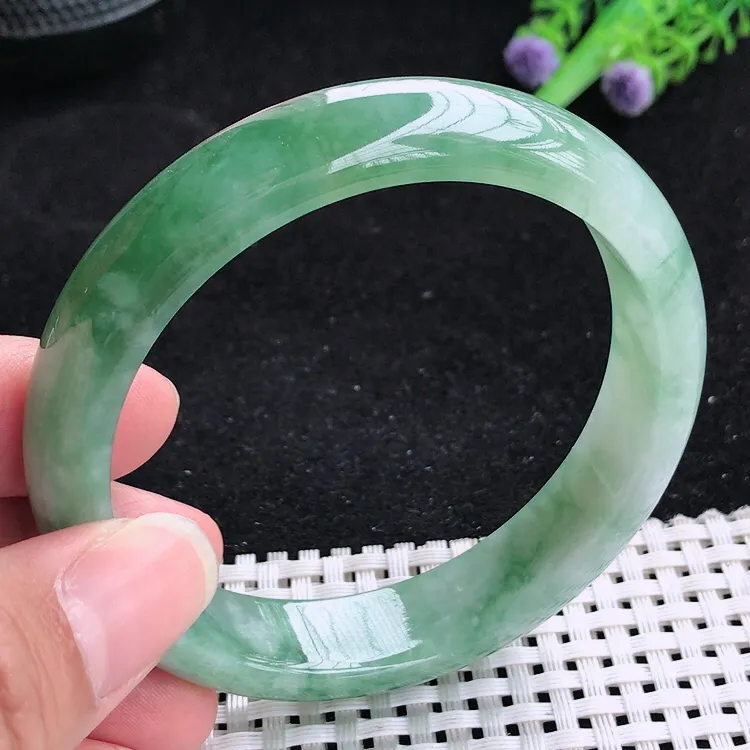 自然光59圈口老坑冰胶水灵冰飘花手镯翡翠玉镯尺寸59/13.2/7.8