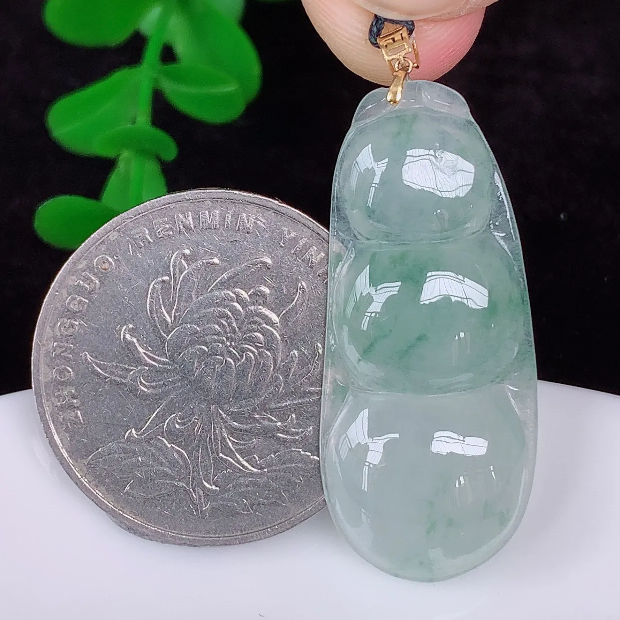 自然光实拍，18K金镶嵌冰种飘花翡翠四季豆吊坠，平安豆福豆玉坠，冰润通透，豆粒饱满，寓意：豆蔻年华！#49.28