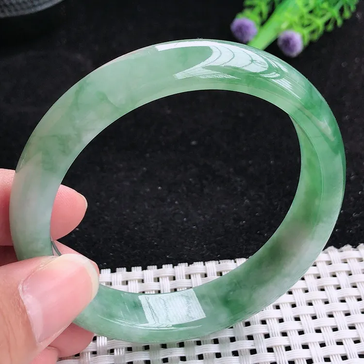 自然光59圈口老坑冰胶水灵冰飘花手镯翡翠玉镯尺寸59/13.2/7.8