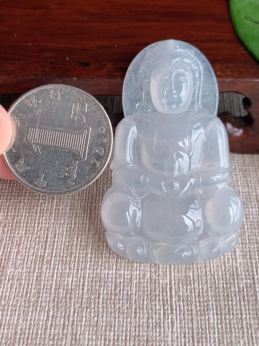 天然A货翡翠白月光正装观音吊坠尺寸50.4×31.6×5m量14.74g 0601