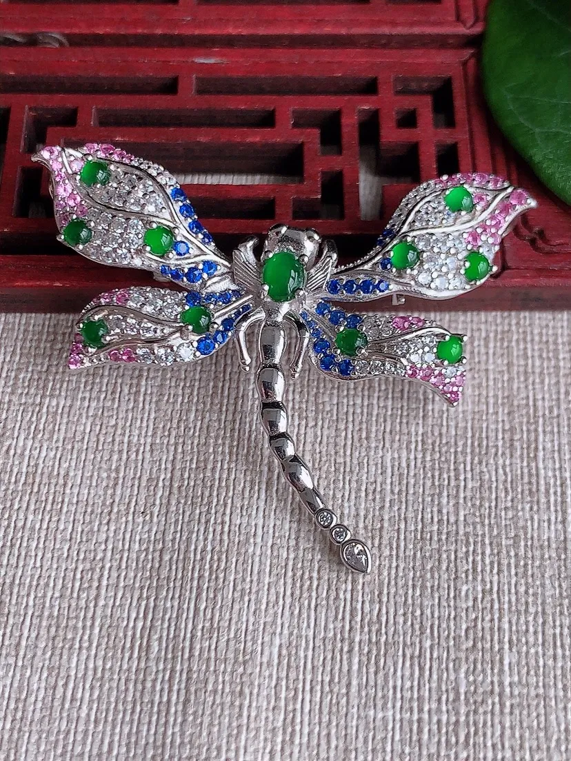 天然A货翡翠925满绿蛋面蜻蜓胸针尺寸42×52.7×6裸石5×3.5m量13.13g 0601