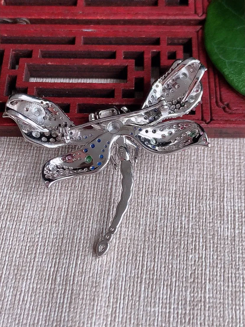 天然A货翡翠925满绿蛋面蜻蜓胸针尺寸42×52.7×6裸石5×3.5m量13.13g 0601