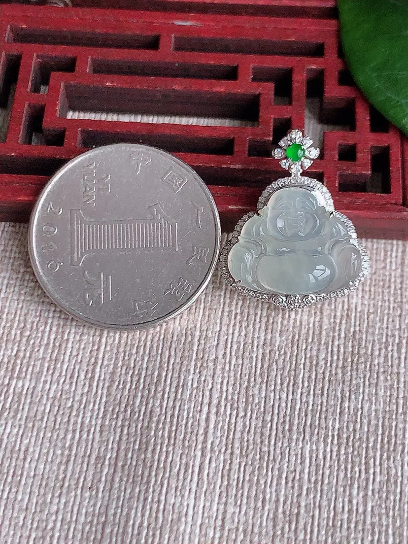 天然A货翡翠18K金伴白月光佛公吊坠尺寸23.2×19.2×7.2裸石13×16.7m量2.64g 0602