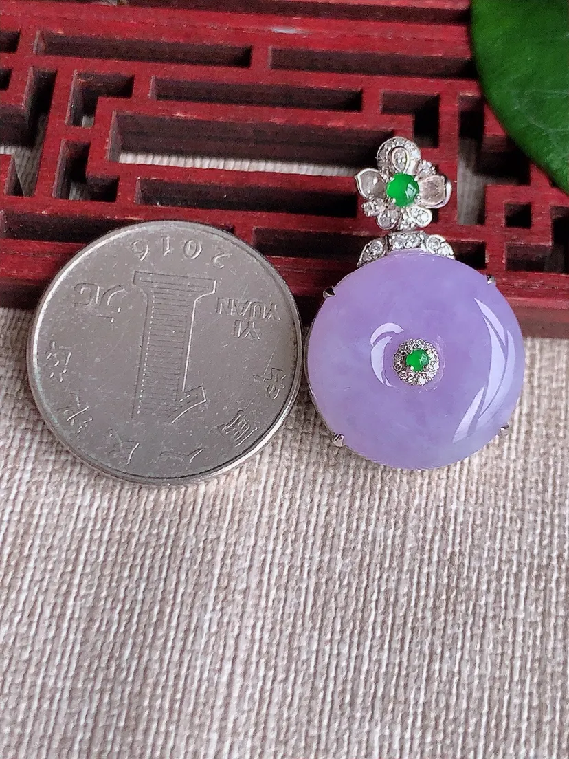天然A货翡翠18K金伴紫罗兰平安扣吊坠尺寸29.2×19×9.5m量8.86g 0603U