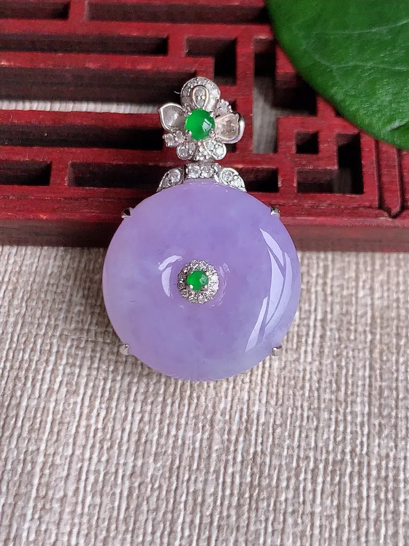 天然A货翡翠18K金伴紫罗兰平安扣吊坠尺寸29.2×19×9.5m量8.86g 0603U