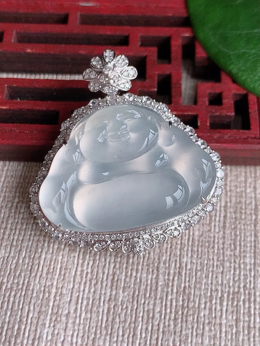 天然A货翡翠18K金伴白月光佛公吊坠尺寸32.6×30.7×12.5裸石18.7×27m量10.63g 0603U