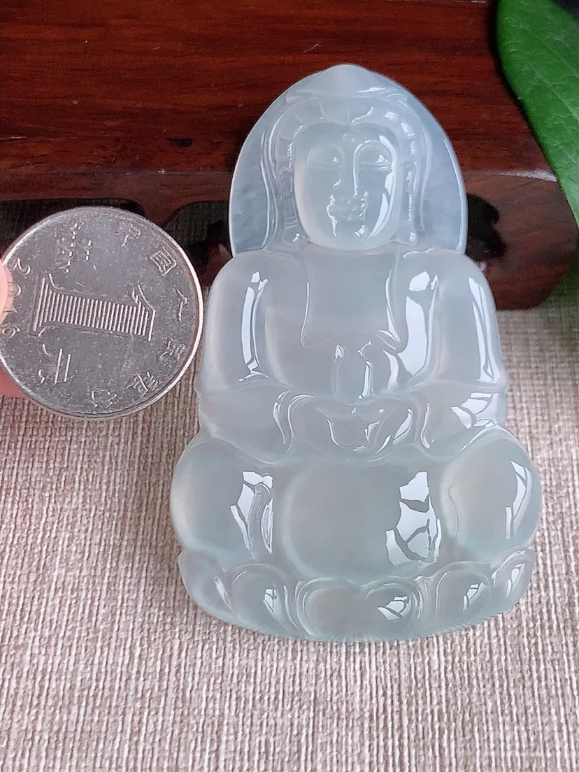 天然A货翡翠白月光大正装观音吊坠 尺寸68.5×42×6m量30.90g 0603