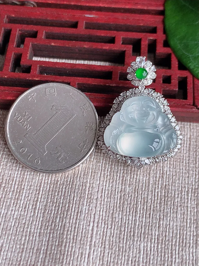 天然A货翡翠18K金伴白月光佛公吊坠尺寸29×21.7×11裸石14.8×18m量6.46g 0603