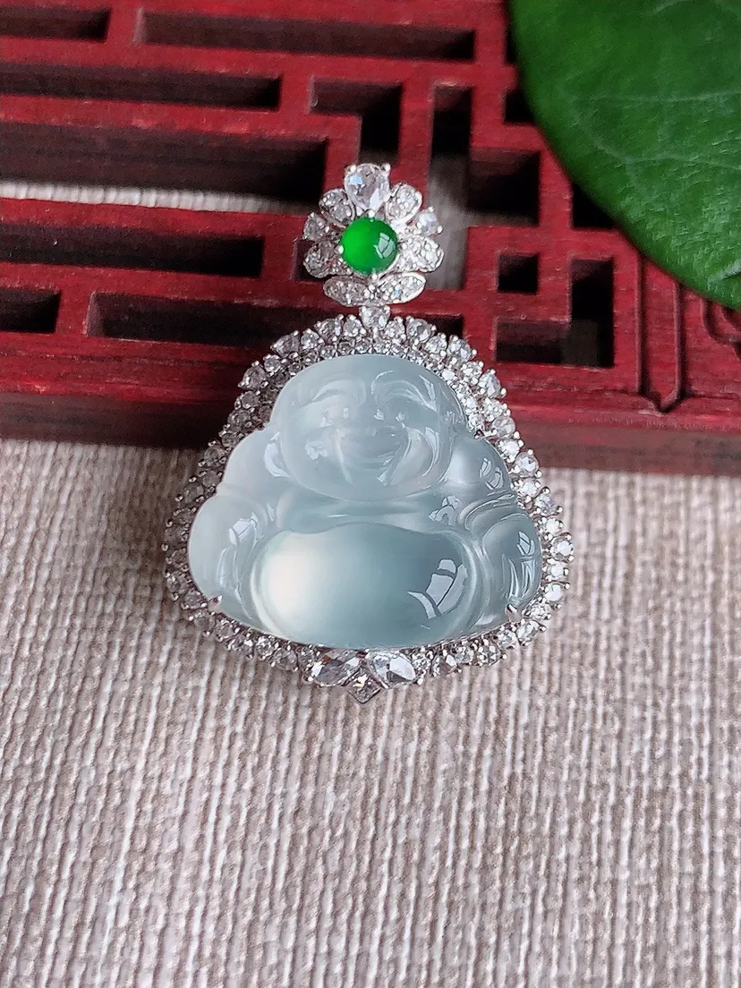 天然A货翡翠18K金伴白月光佛公吊坠尺寸29×21.7×11裸石14.8×18m量6.46g 060