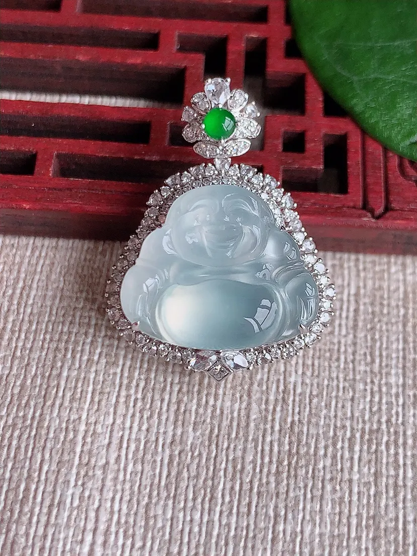 天然A货翡翠18K金伴白月光佛公吊坠尺寸29×21.7×11裸石14.8×18m量6.46g 0603