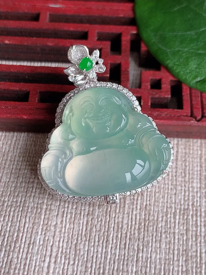 天然A货翡翠18K金伴晴水佛公吊坠尺寸32.2×26.3×11裸石20×24.2m量9.40g 0603