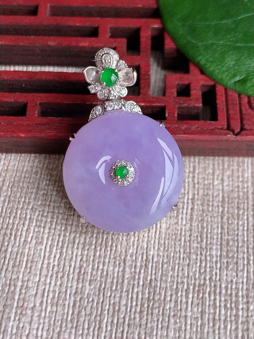 天然A货翡翠18K金伴紫罗兰平安扣吊坠尺寸29.2×19×9.5m量8.86g 0603U