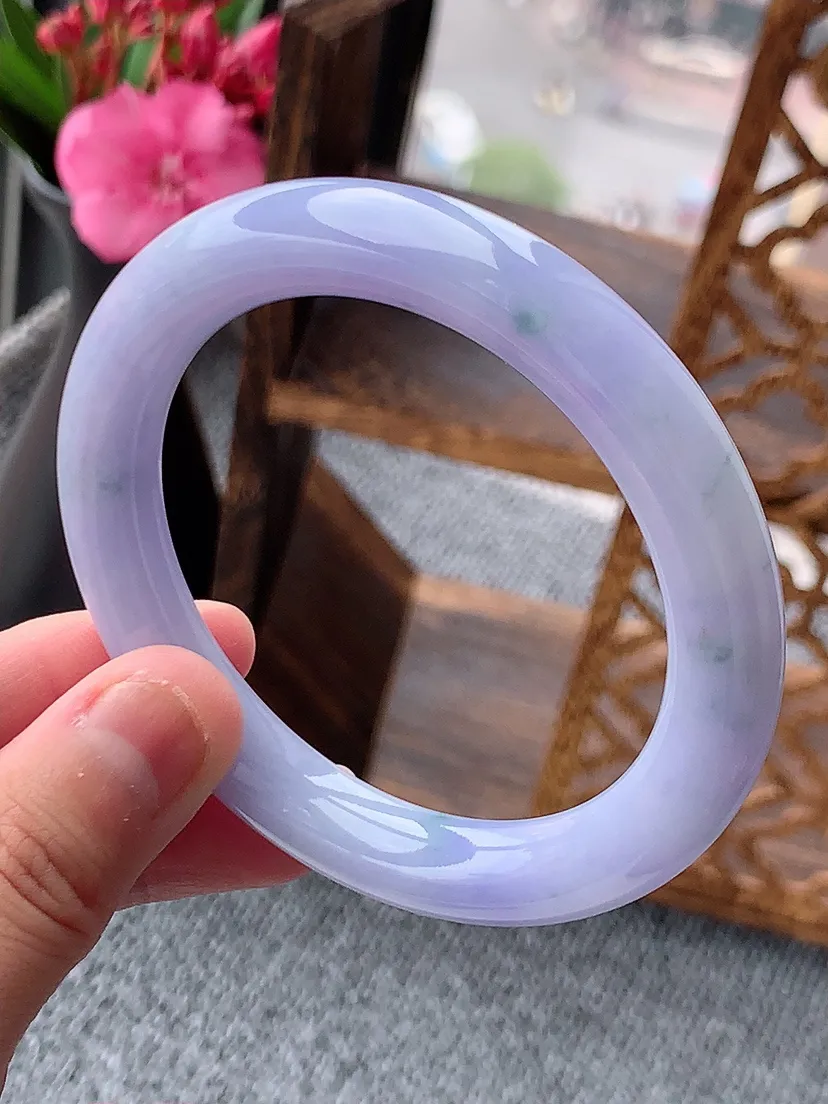 天然A货翡翠紫罗兰飘花圆条手镯55-56圈口 尺寸55.3×9.7mm 重量54.49g 0604