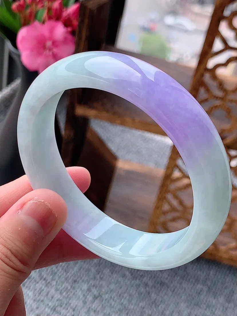 天然A货翡翠紫罗兰正装正圈手镯58-59圈口尺寸58×14.6×7.6mm 重量67.43g 060