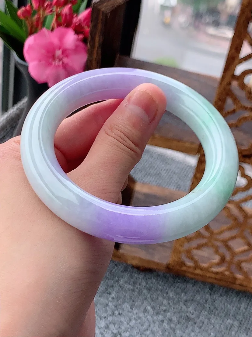 天然A货翡翠冰润紫罗兰胖圆条手镯57-58圈口尺寸57.3×12m量89.12g 0604