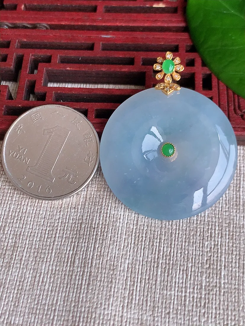 天然A货翡翠18K金伴紫罗兰平安扣吊坠尺寸42×33.5×5.7m量14.37g 0606