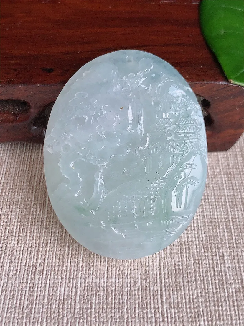 天然A货翡翠飘花意境山水牌吊坠尺寸47.5×36.778.7m量32.08g 0606