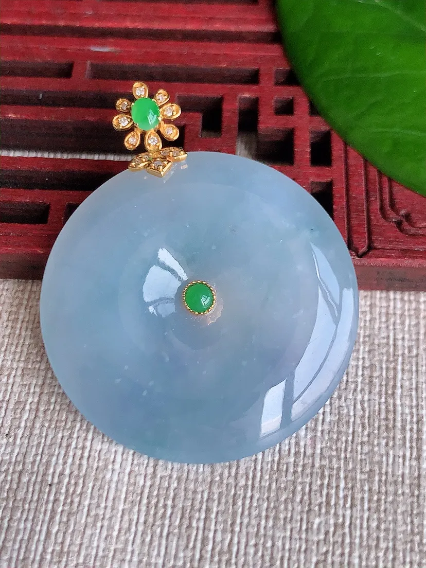 天然A货翡翠18K金伴紫罗兰平安扣吊坠尺寸42×33.5×5.7m量14.37g 0606