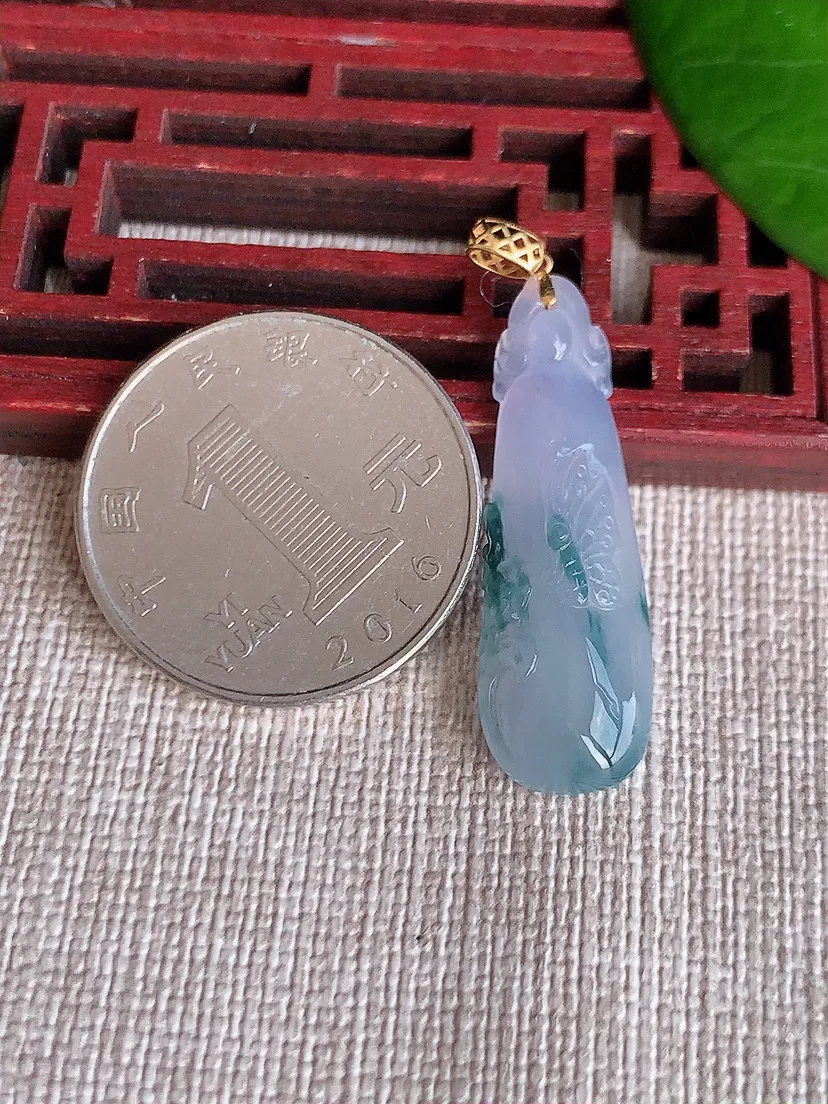 天然A货翡翠18K金扣头紫罗兰飘花福瓜吊坠尺寸32×10.2×4.2m量2.67g 0606
