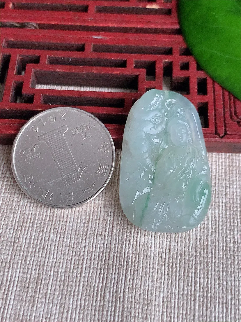 天然A货翡翠飘花普贤菩萨吊坠尺寸34.8×21×6m量8.86g 0606