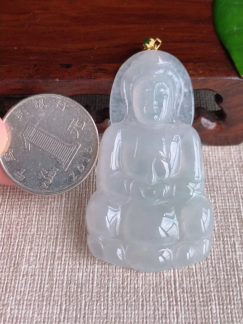 天然A货翡翠18K金扣头白月光正装观音吊坠尺寸52.7×30×5m量13.00g 0606