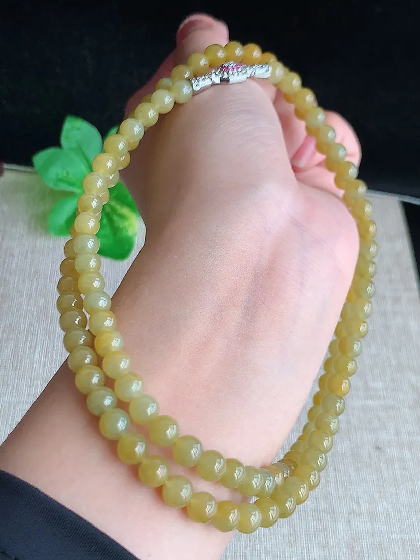 天然A货翡翠冰种黄翡圆珠项链毛衣链108颗 度高尺寸5.6mm 重量41.14g 0606