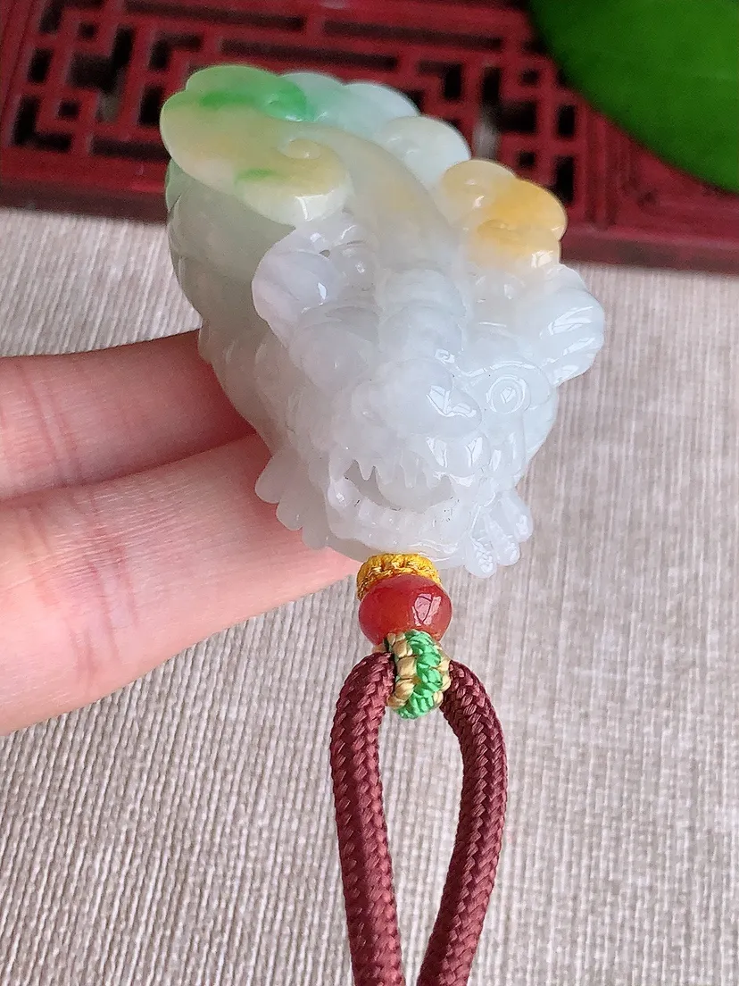 天然A货翡翠冰润黄加绿双彩招财貔貅吊坠尺寸52×27×19.7m量63.54g 0608