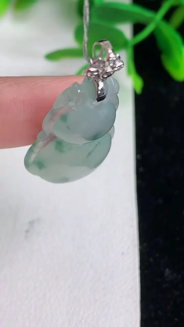 天然A货翡翠种飘花葫芦吊坠 ，尺寸32.4-18.7-6，重量:5.65g
6月9日