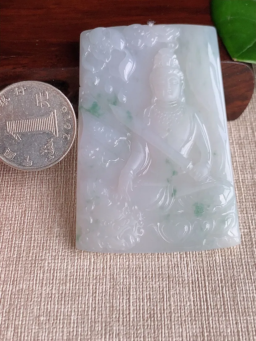 天然A货翡翠冰润飘花文殊菩萨吊坠尺寸64.5×43.5×6m量41.34g 0608