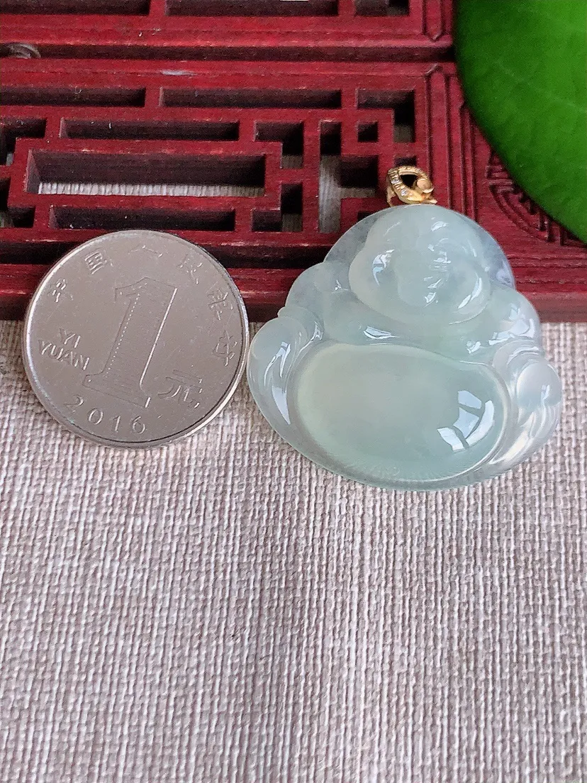 天然A货翡翠18K金扣头晴水佛公吊坠尺寸32×34.5×6.5m量10.88g 0608