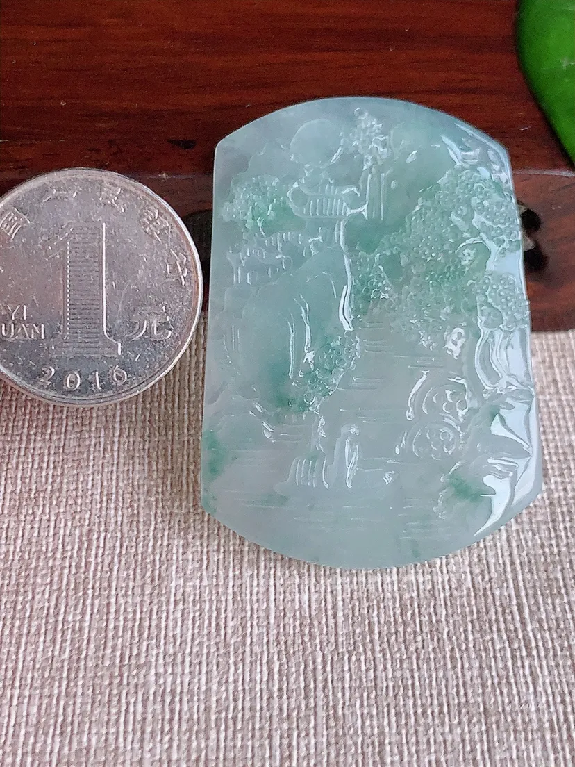天然A货翡翠飘花意境山水牌吊坠尺寸50×35.3×6m量23.30g 0608
