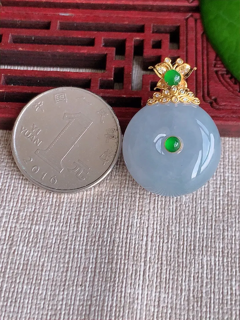 天然A货翡翠18K金伴紫罗兰平安扣吊坠尺寸29.8×21×12.7m量13.56g 0608