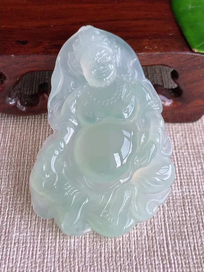 天然A货翡翠晴水黄财神吊坠尺寸50.7×32.7×5m量14.25g 0608